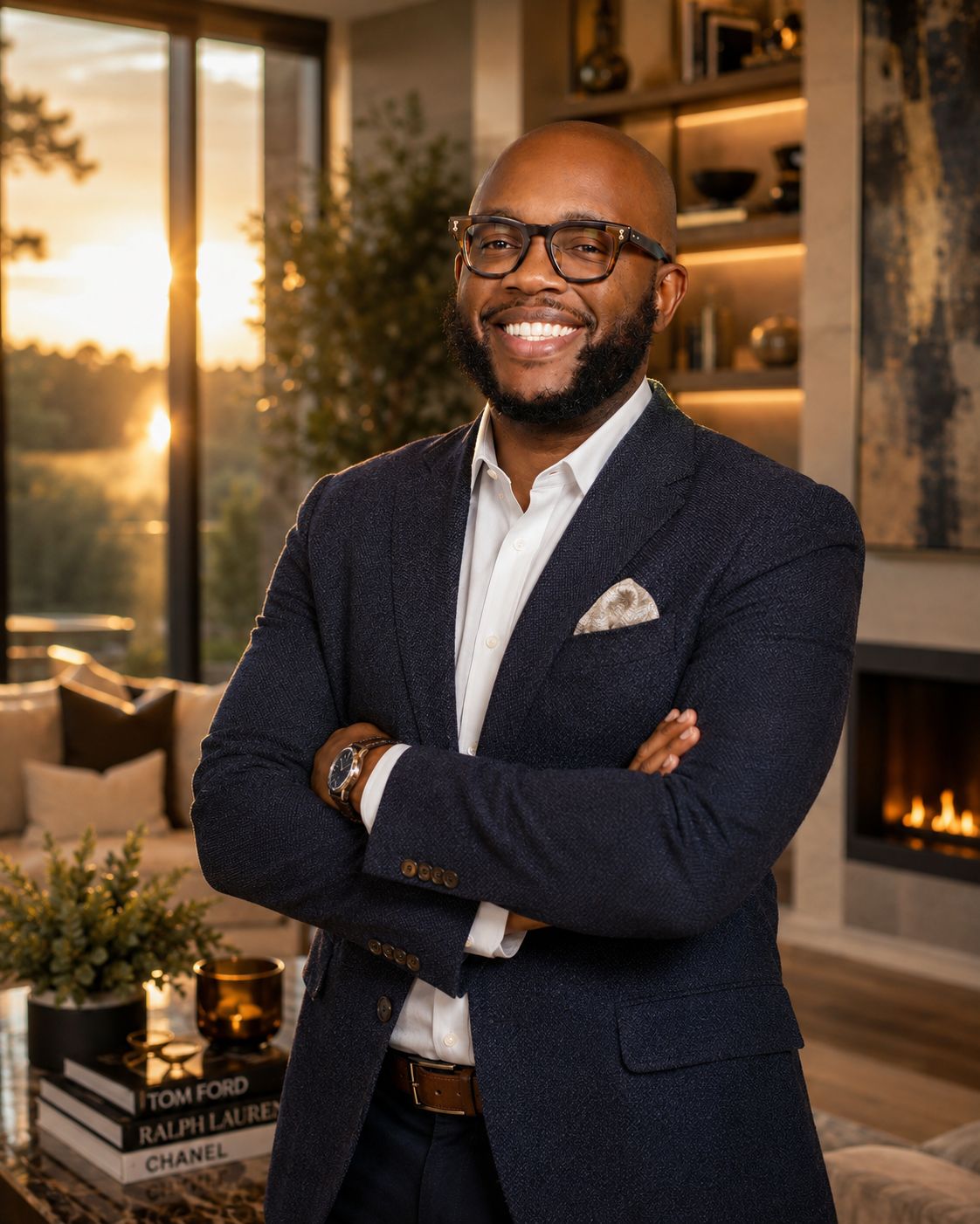 Peter Iyiegbu, MD, MBA, REALTOR®, in a navy blazer in a fireside living room at sunset