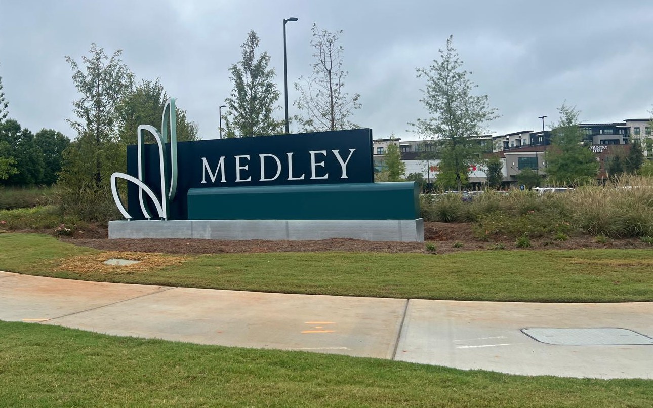 Medley entrance monument sign at McGinnis Ferry Road and Johns Creek Parkway in Johns Creek, Georgia