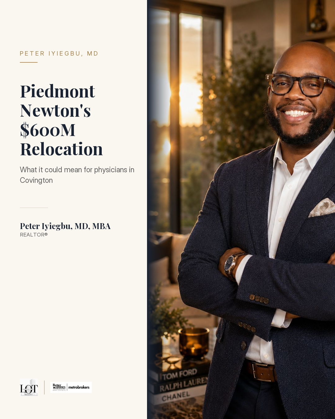 Peter Iyiegbu in a navy blazer in a fireside living room beside cover text reading Piedmont Newton's $600M Relocation and What it could mean for physicians in Covington