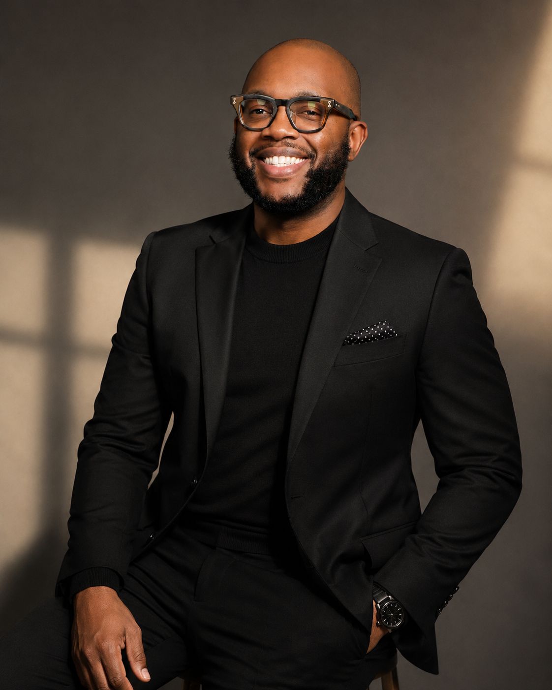 Studio portrait of Peter Iyiegbu, MD, MBA, REALTOR®, seated in an all black suit