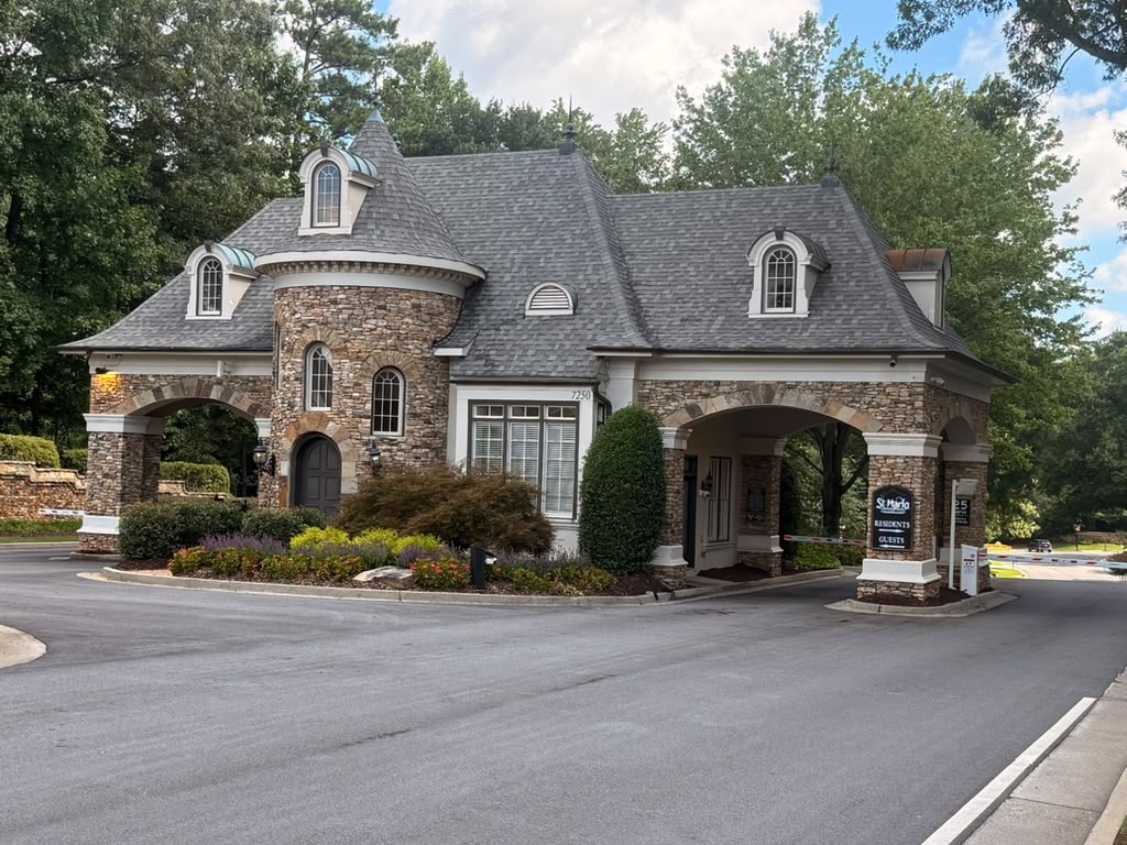 Manned security gatehouse at the main entrance to St. Marlo Country Club