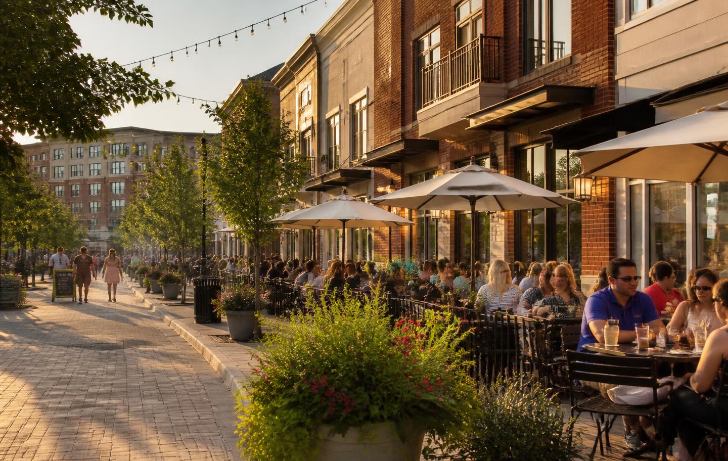 Outdoor cafe seating along a brick mixed-use street in Alpharetta