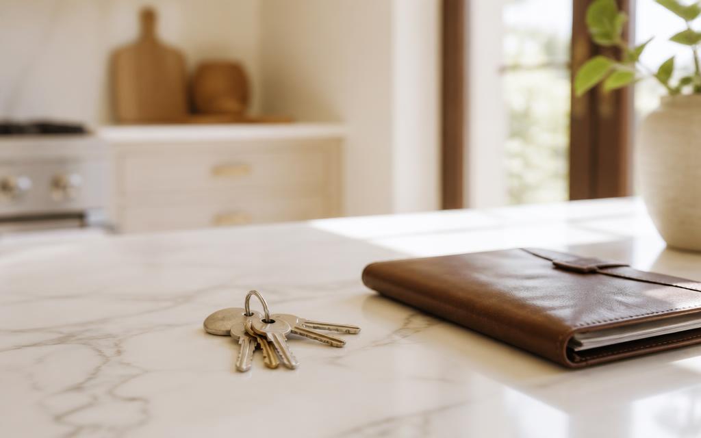 House keys and a leather folio on a bright kitchen counter
