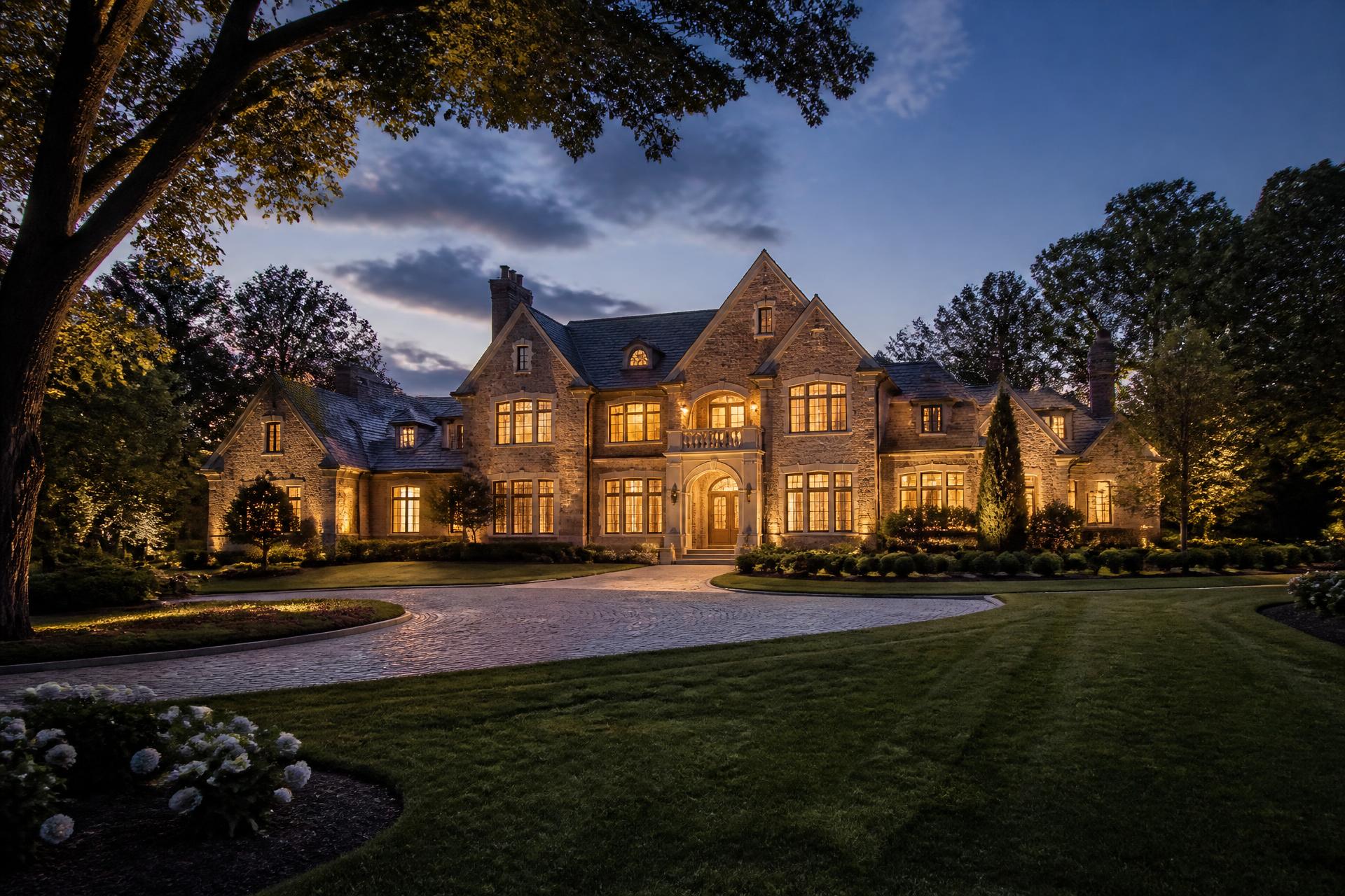 Luxury estate home at dusk in a North Atlanta golf community