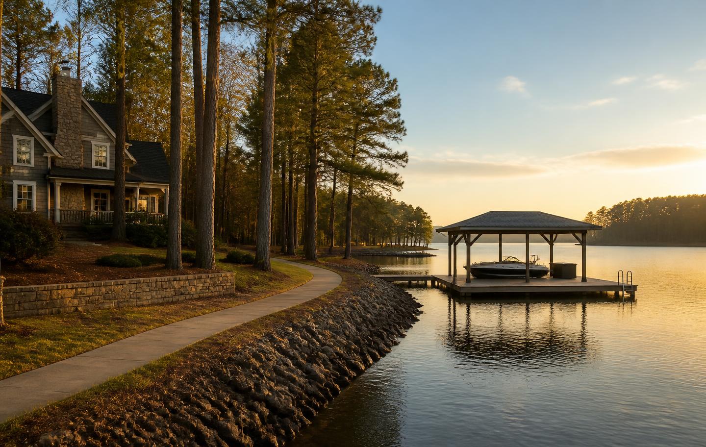 Private boat dock on Lake Lanier at sunrise