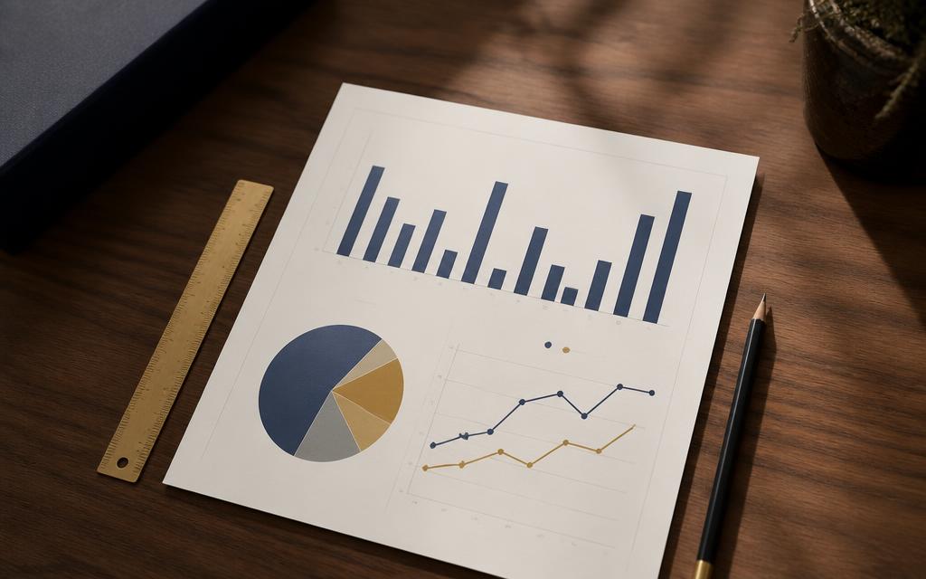 Printed market chart, ruler and pencil on a walnut desk