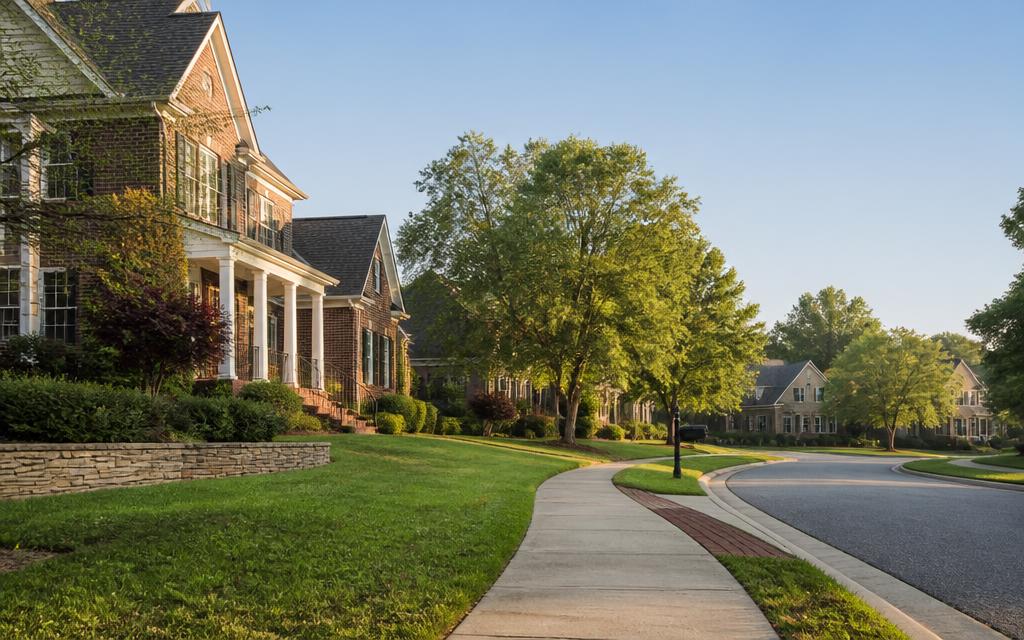 Sunlit suburban Georgia street with brick homes, mature trees and a curving sidewalk on a clear morning