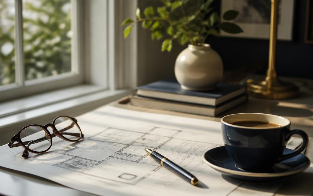 Floor plan, reading glasses and coffee on a sunlit desk