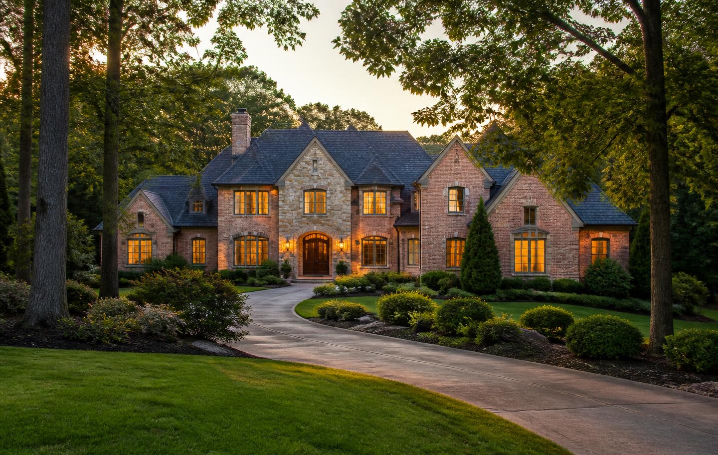 Brick and stone estate home on a wooded lot in St. Marlo Country Club